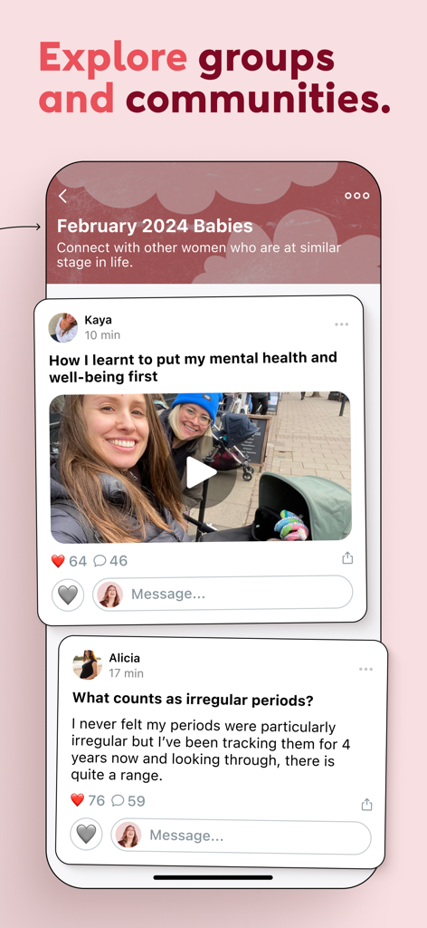 Peanut app interface showing the February 2024 Babies group with posts about mental health and health questions.