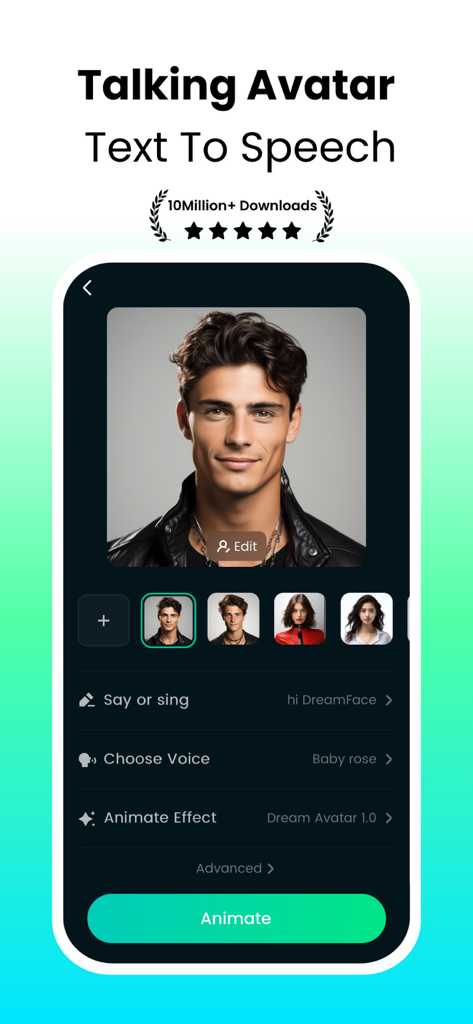 DreamFace: AI Video Generator - DreamFace app interface showing a male talking avatar and text to speech settings.