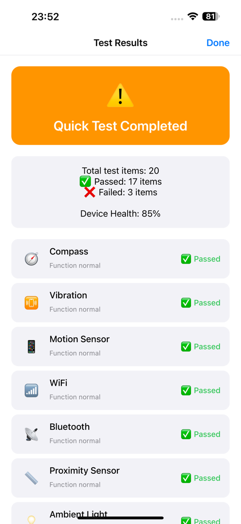 Phone Diagnostics Expert - Phone Diagnostics Expert app screen showing a quick test result summary and device health report