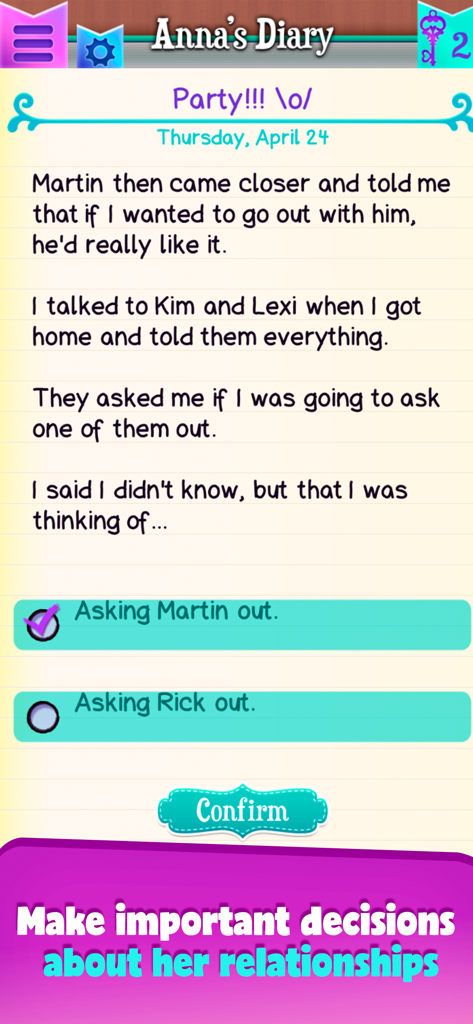 Dear Diary - Interactive Story - Gameplay screen of Dear Diary interactive story showing a relationship choice between two characters