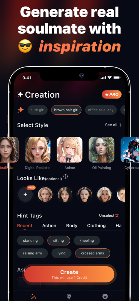 Interfaz de la aplicación Belleza IA para crear personajes de IA personalizados con opciones de estilo y pose