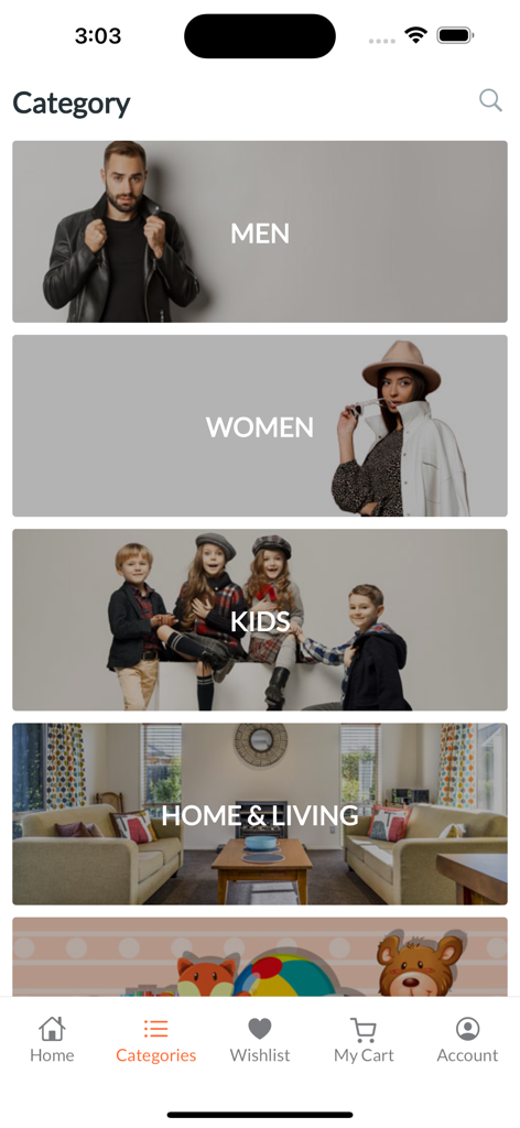 Brands Outlet - Shopping App - Brands Outlet app category screen with sections for Men Women Kids and Home and Living