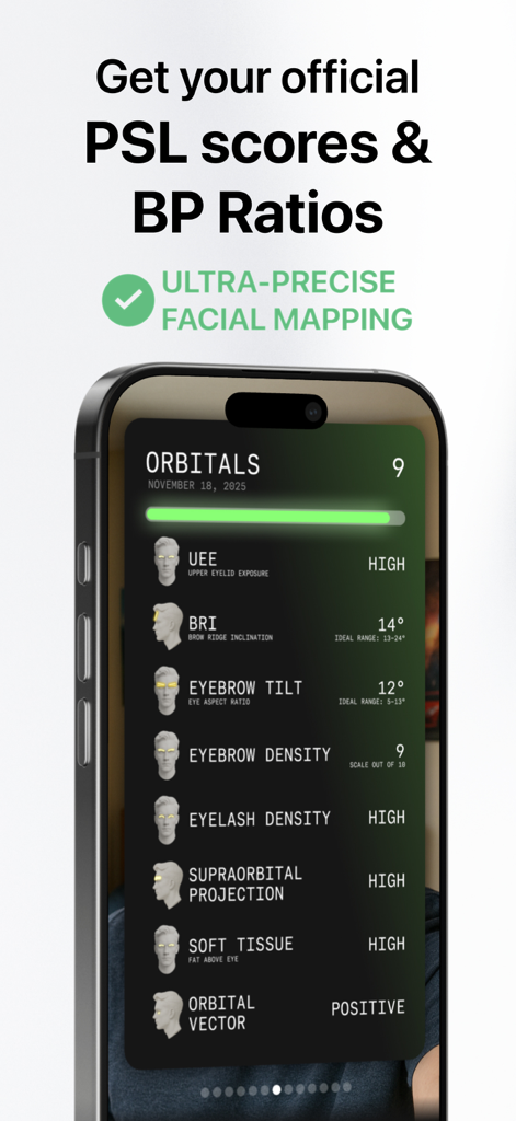 Ascendr - PSL Scale - Mobile app interface displaying detailed facial analysis and PSL scores for the orbital area