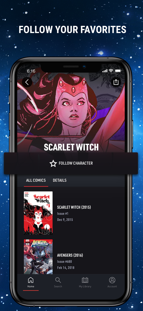 Marvel Unlimited - Marvel Unlimited App zeigt die Charakterseite von Scarlet Witch und ihre Comicsammlung.