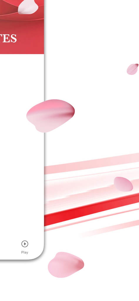 Interface do aplicativo móvel Miss International com pétalas cor-de-rosa de flor de cerejeira e um ícone de reprodução