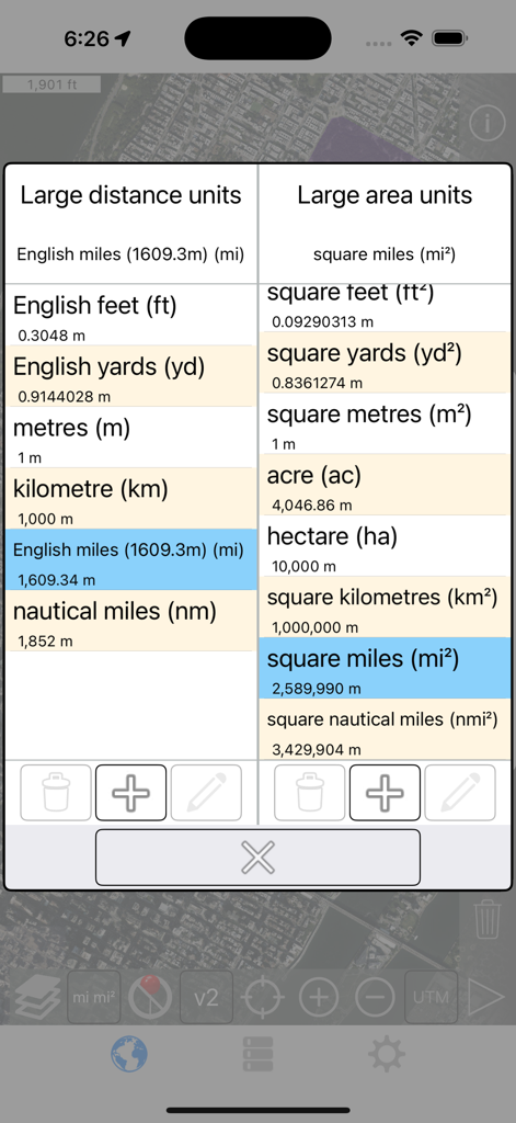Distance and Area Measure - Selection screen for large distance and area units in the mobile application