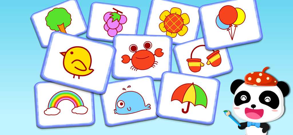 Pictionary-BabyBus - Baby Panda holding a paintbrush next to a gallery of colorful drawings like a rainbow and a crab