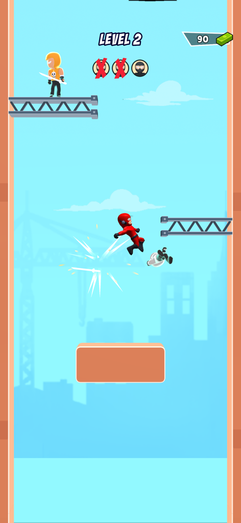 Un personaje stickman rojo realizando un ataque en el aire en un nivel de ciudad