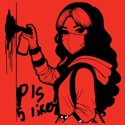 realistic girl with mask spray painting a wall