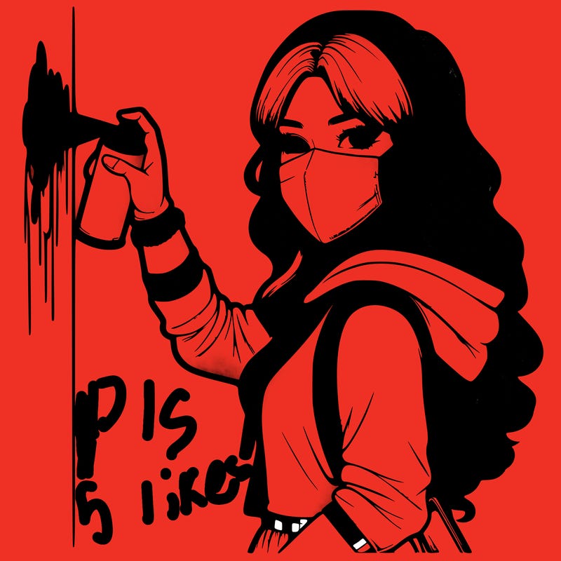 realistic girl with mask spray painting a wall