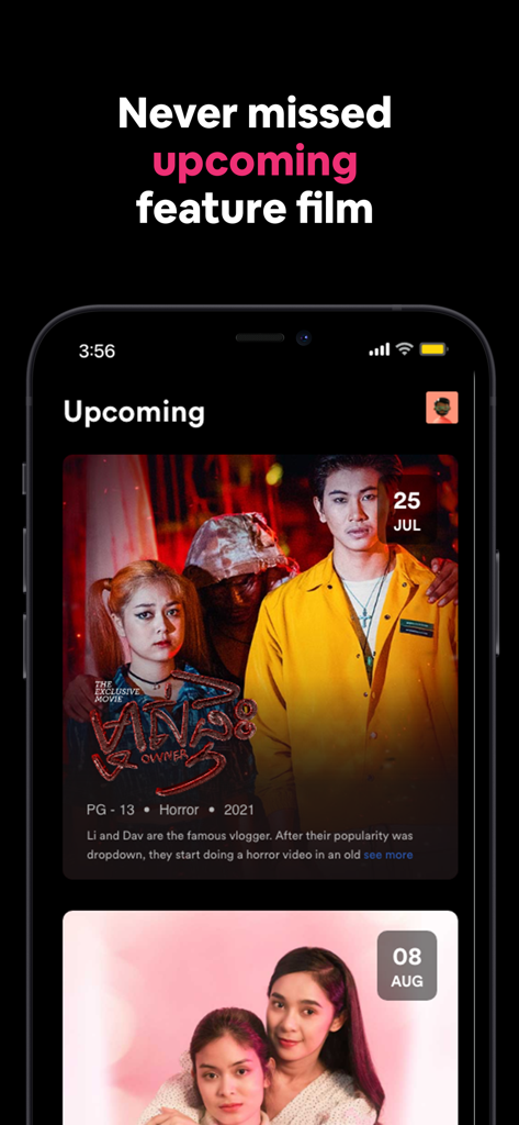 A screen from the Sastra Film app showing upcoming Khmer movies and their release dates.