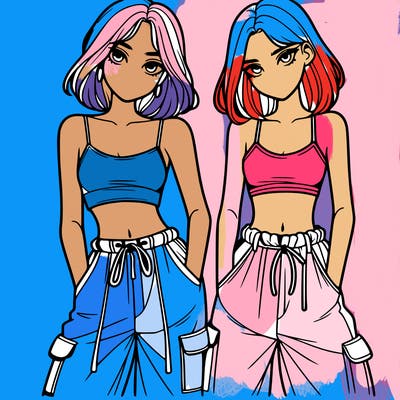 two girls with crop top with baggy pants