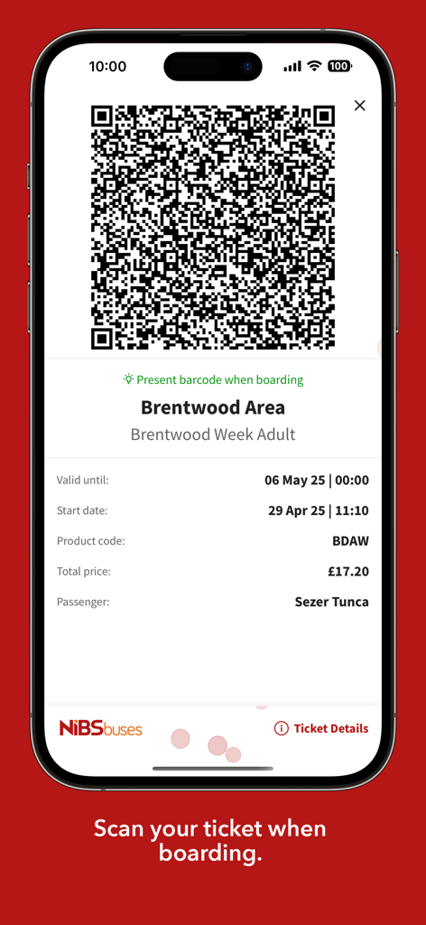 NIBS Buses - A digital bus ticket displayed on a mobile phone screen with a QR code for the NIBS Buses app in the Brentwood area.