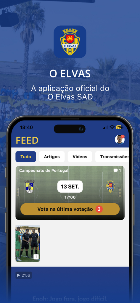 O Elvas - Interface oficial da aplicação O Elvas SAD mostrando o feed de notícias e os detalhes do próximo jogo