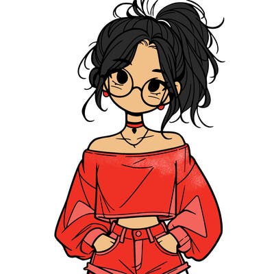 girl with a messy ponytail glasses a baggy crop top and jean shorts