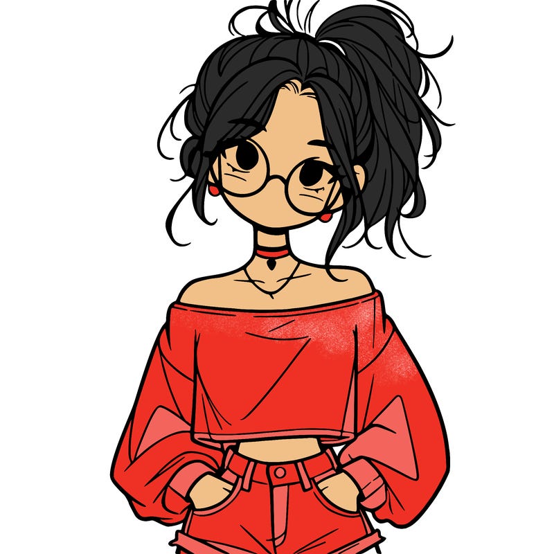 girl with a messy ponytail glasses a baggy crop top and jean shorts