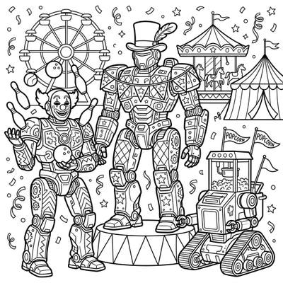 Experience the ultimate fusion of technology and festive fun with our Military Robots Carnival coloring page. This unique design brings detailed robot performers to life amidst classic circus attractions, ready for your creative touch.