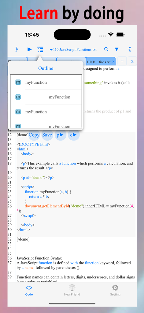 html+css+js-web designer,html5 - A mobile web development editor showing HTML and JavaScript code with a function outline menu.