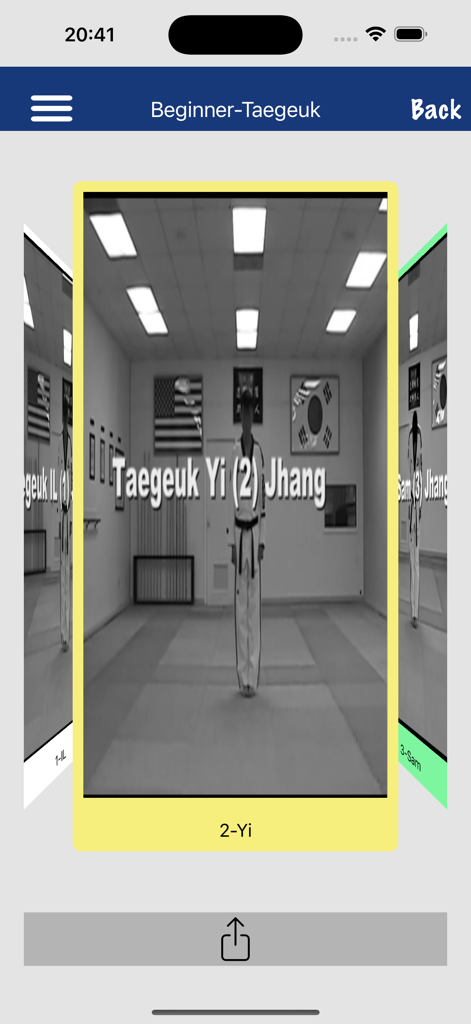 WTF Poomsae - Taekwondo Poomsae app screen showing the Taegeuk Yi Jhang beginner form video selection