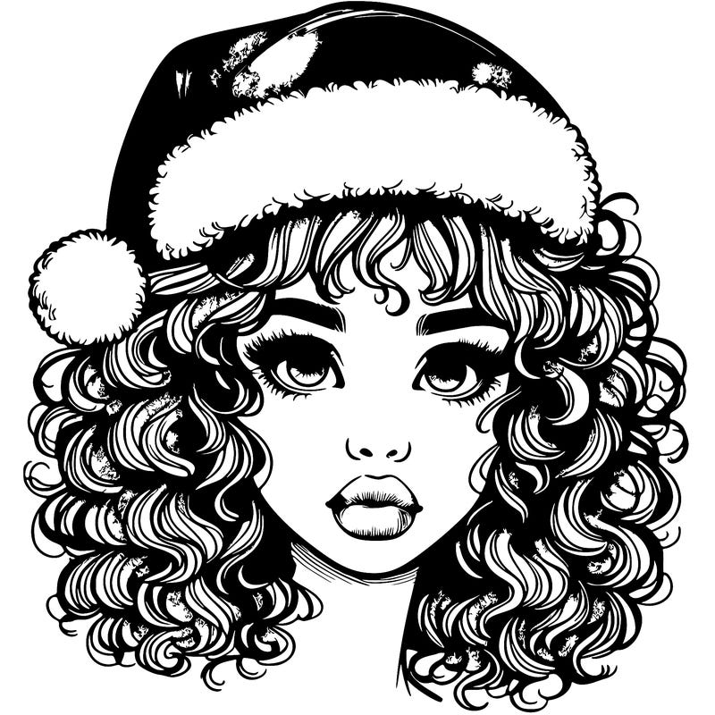 realistic girl with a santa hat curly hair and lips