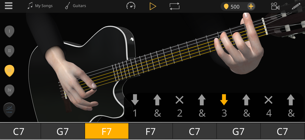 Guitar 3D - Basic Chords - A 3D guitar learning interface showing finger positions on the fretboard and a strumming rhythm diagram