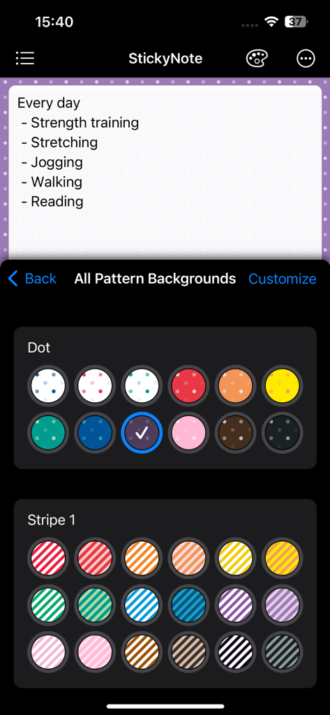 Sticky Note Widget - Cute Memo - Interface of a memo app showing various colorful dot and stripe patterns to customize the background of a sticky note widget