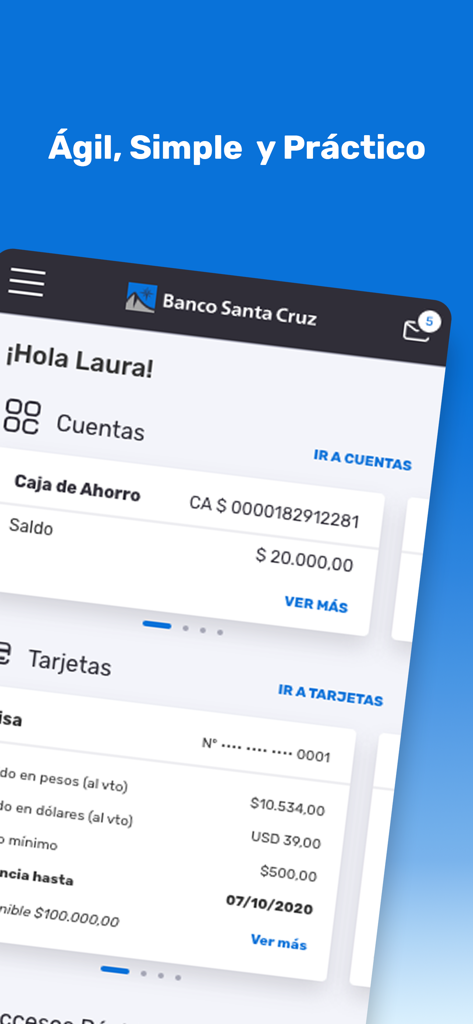 APP Banco Santa Cruz - Interfaz de la aplicación móvil de Banco Santa Cruz que muestra el saldo de la cuenta de ahorros y el resumen de la tarjeta de crédito