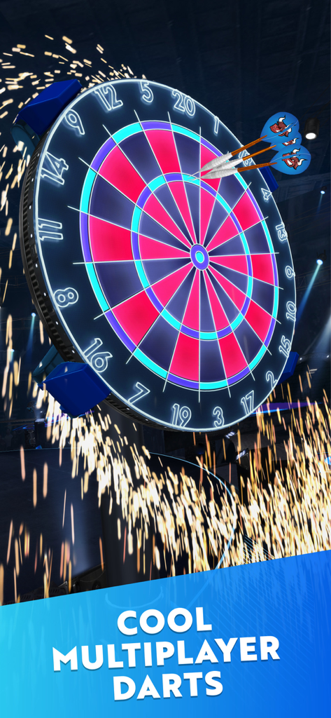 Darts of Fury: PvP Multiplayer - Una vibrante diana de neón con tres dardos y chispas en el juego móvil Darts of Fury.