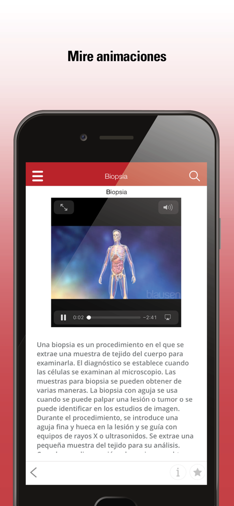 Manual MSD app screen displaying a medical animation about a biopsy in Spanish.
