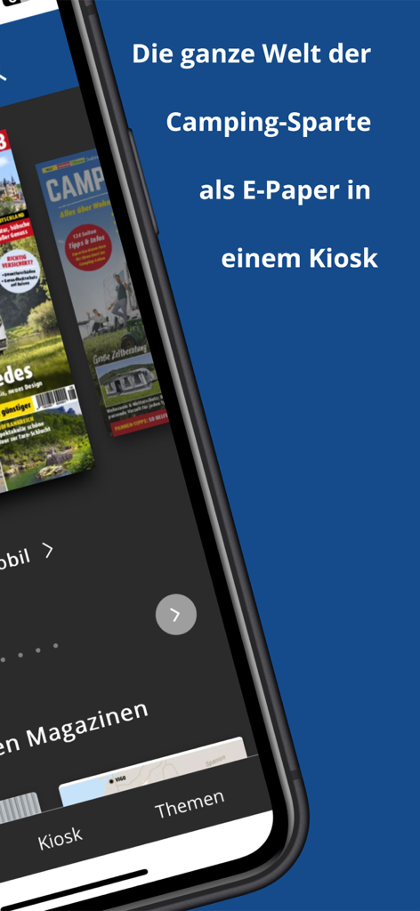 Smartphone screen displaying the Camping Kiosk app with digital magazines for RV and vanlife enthusiasts
