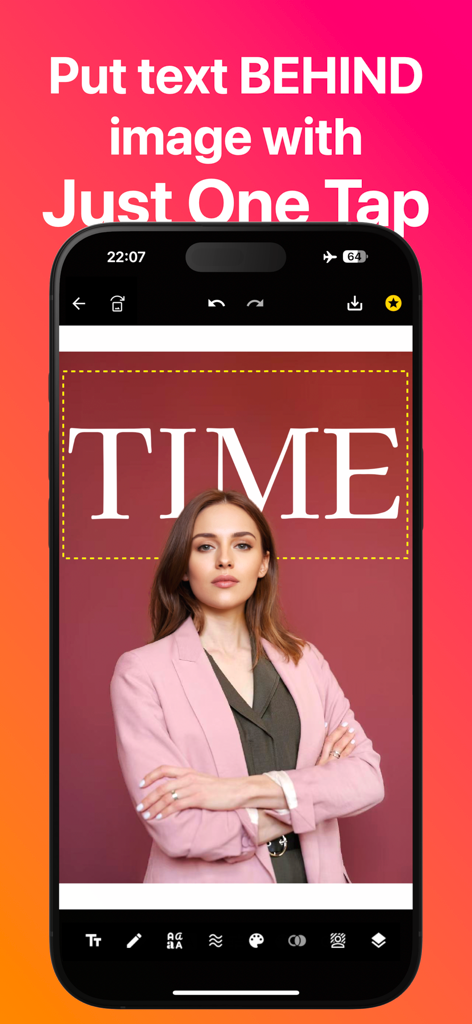 Background Text-AI Text Editor - Mobile App-Oberfläche, die KI-Text-Layering hinter einem Motiv für einen Magazin-Effekt zeigt