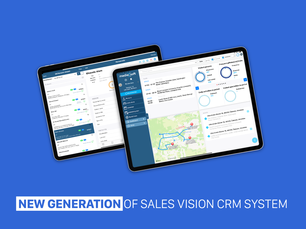 Sales Vision Next CRM Pharma - Sales Vision Next CRM Pharma dashboard and contact management on iPad
