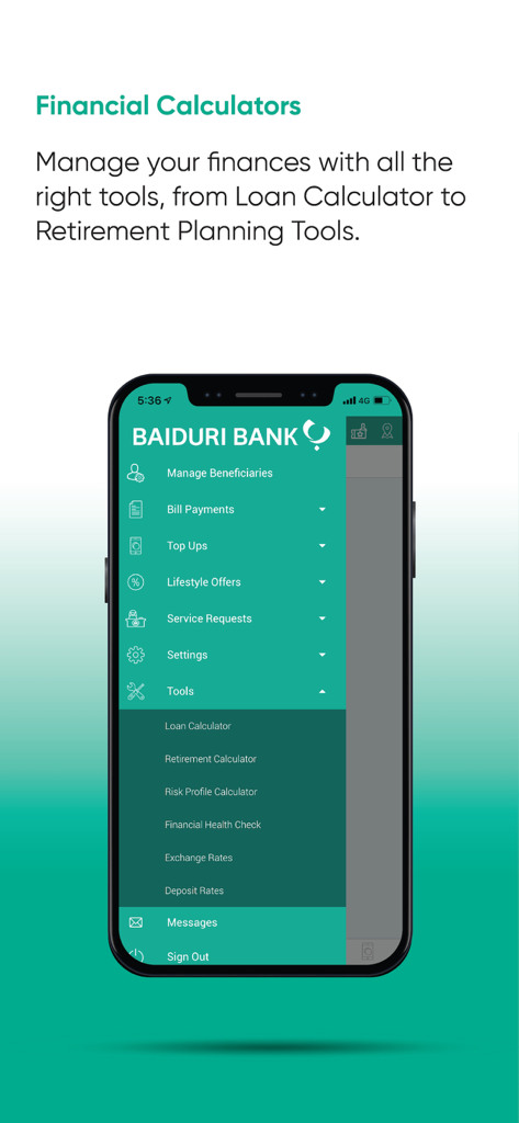 Baiduri b.Digital Personal - Baiduri b.Digital Personal app interface displaying various financial tools and calculators