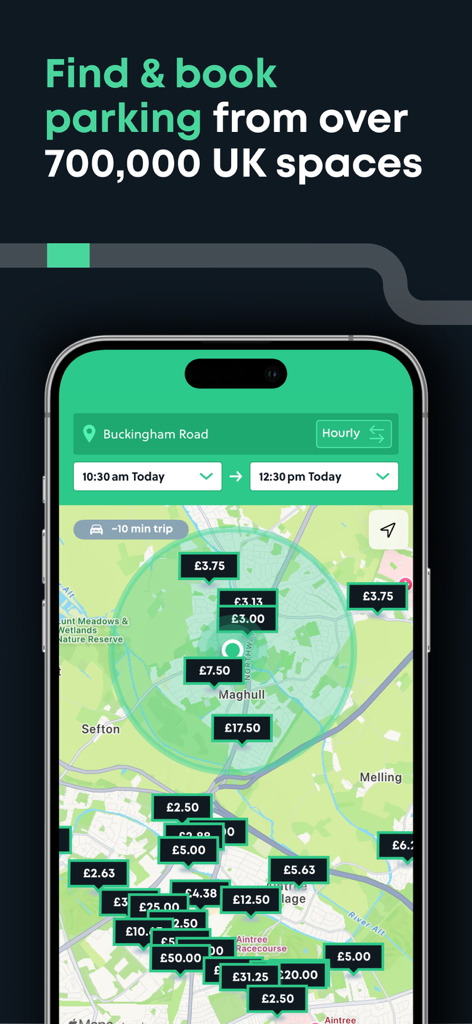 Smartphone screen showing the YourParkingSpace app map with various parking prices in the UK