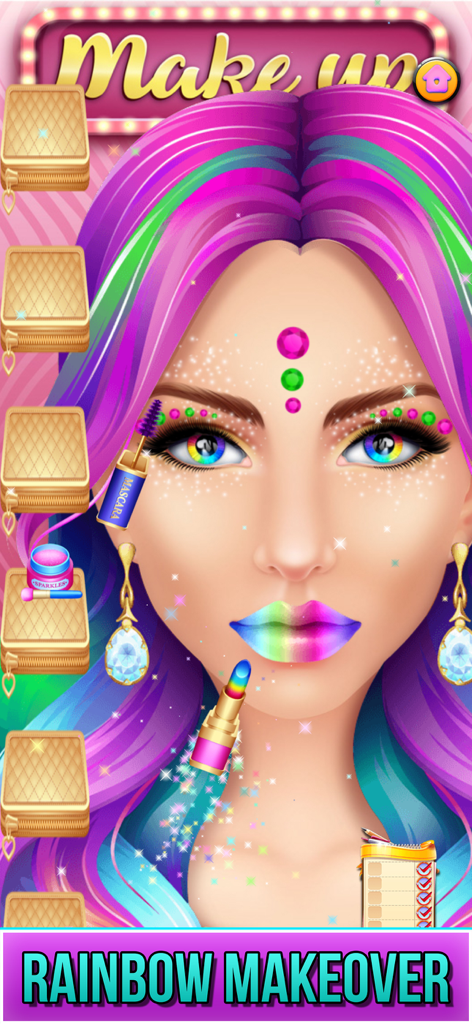 A digital model with purple hair and rainbow colored lipstick and eyes for a rainbow makeover
