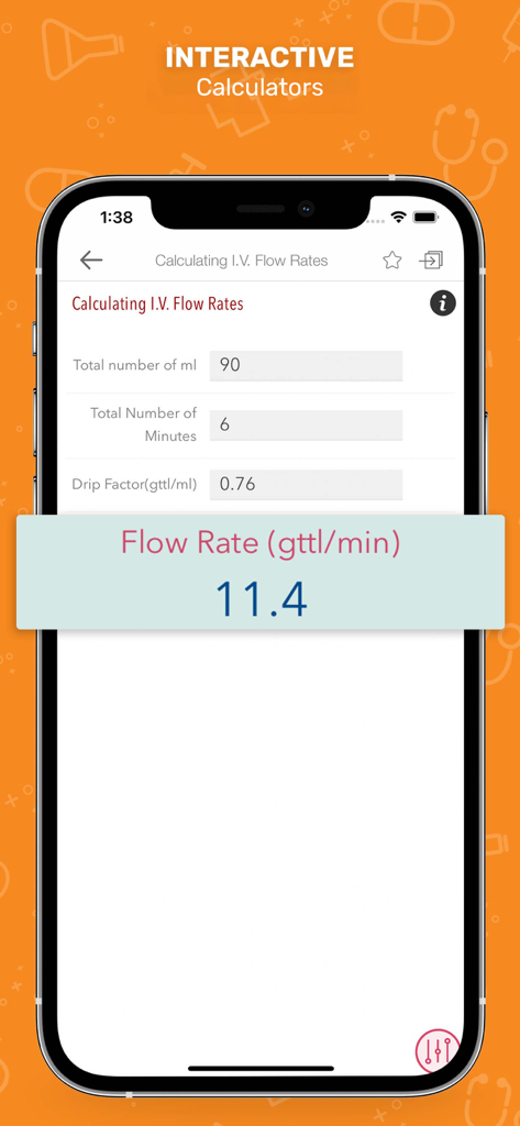 Nurse’s Drug Handbook - Interactive IV flow rate calculator screen in the Nurse's Drug Handbook mobile app.