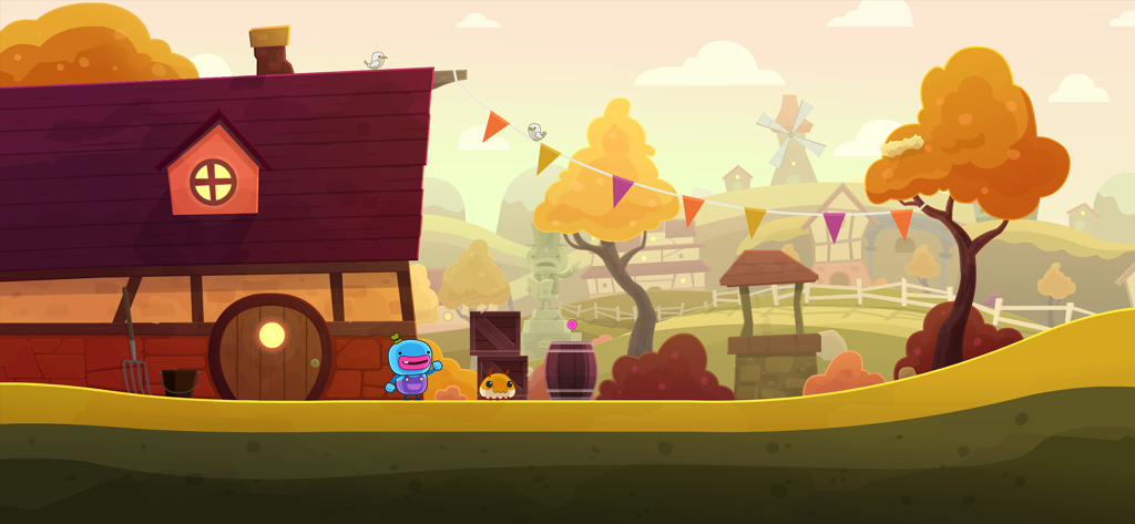 Bring You Home - Polo the blue alien in a colorful autumn landscape with a rustic house and windmill