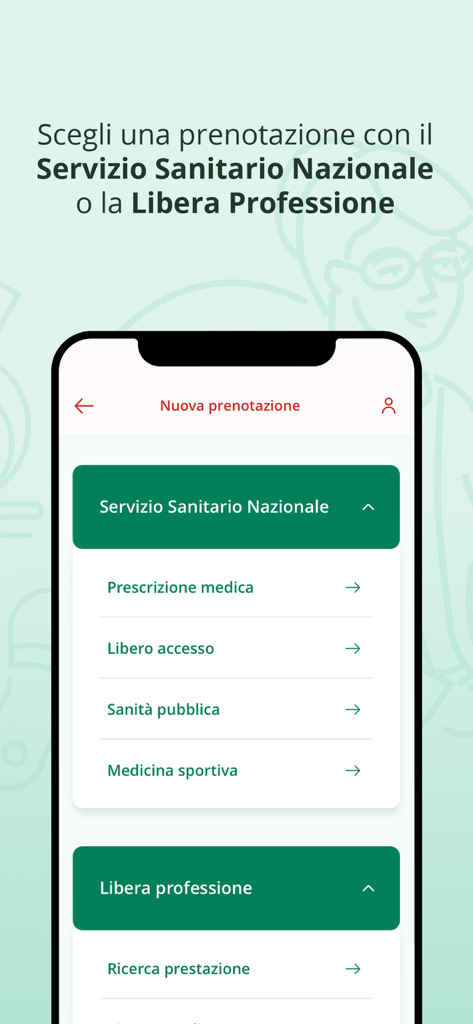 ER Salute app interface showing options for booking medical appointments through the Italian health system