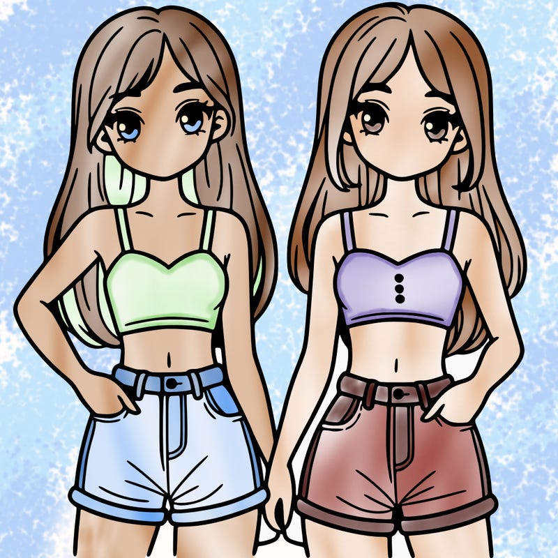 two sisters with crop tops and jean shorts and straight hair
