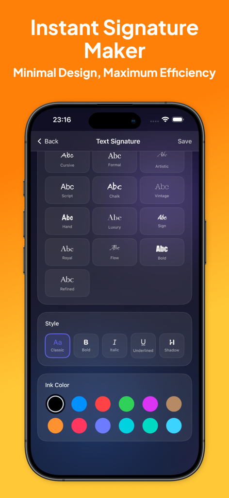 Signature Maker - eSign Create - Interface of Signature Maker showing various text signature font options, styling tools, and ink color selections for professional e-signatures.