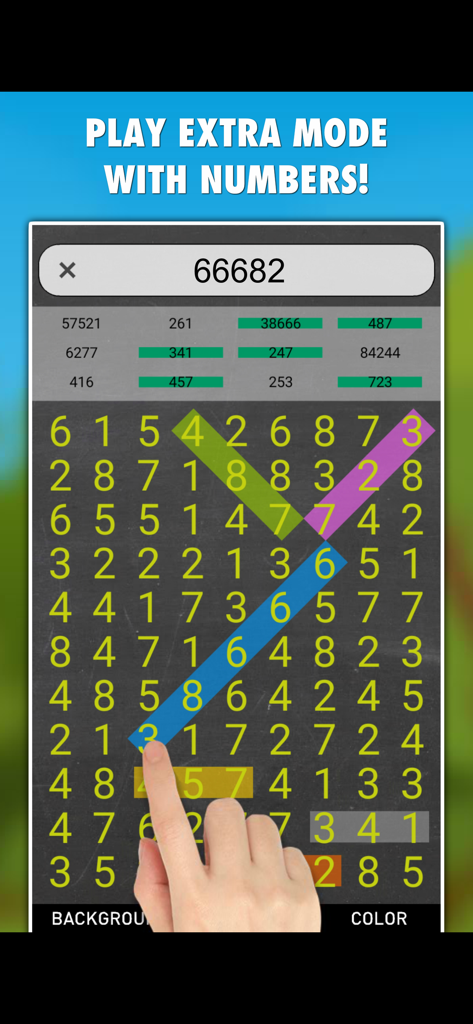 Word Search Daily PRO - A hand selects digits in a number search puzzle grid within the Word Search Daily PRO app.