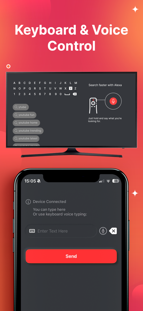Remote Control for TV Stick - iPhone app interface showing keyboard and voice search input for controlling a TV stick