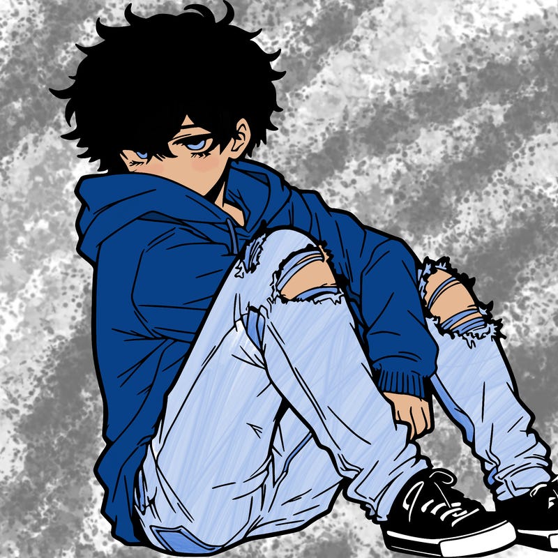 a male hoddie ripped jeans messy hair anime