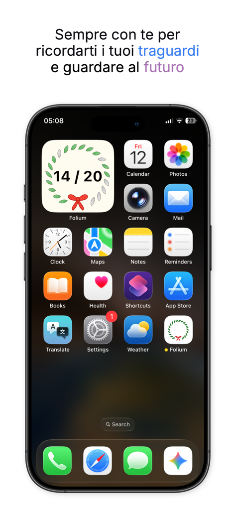 Folium-Libretto Universitario - iPhone home screen showing the Folium app widget with a laurel wreath progress tracker