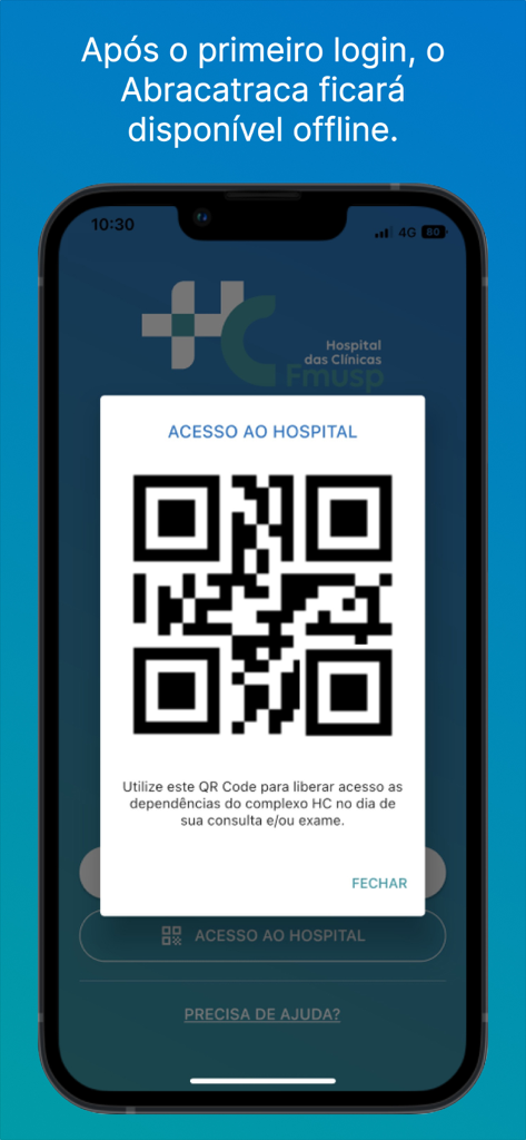 A mobile screen showing a QR code for hospital access in the Portal do Paciente HC app
