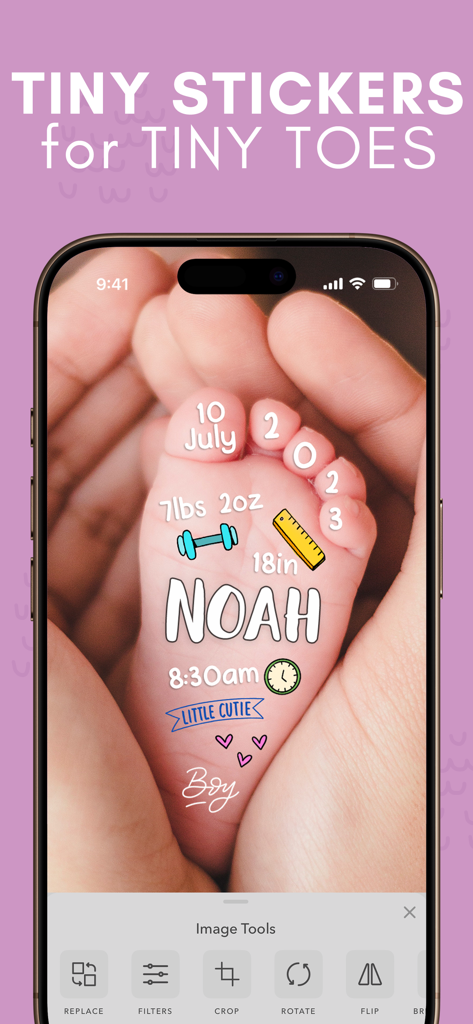 A baby's foot held in hands decorated with digital stickers showing birth details like name, weight, and date