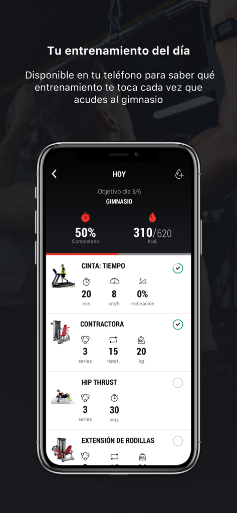 BH GYMLOOP - Interfaz de la aplicación BH GYMLOOP que muestra un plan de entrenamiento diario y seguimiento del progreso del entrenamiento.