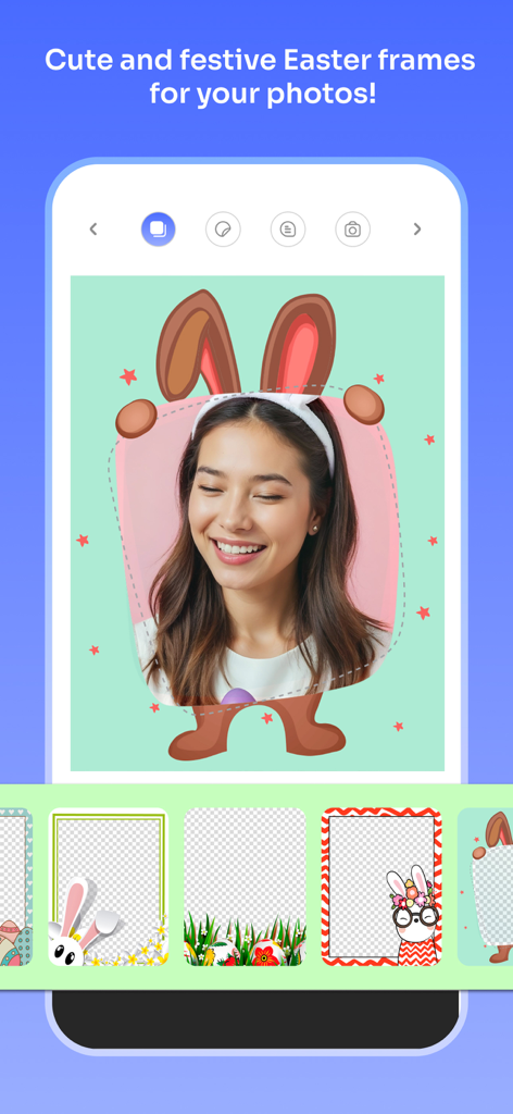 Happy Easter - Photo Frames - A woman portrait inside a cute Easter bunny frame on a mobile photo editing app interface