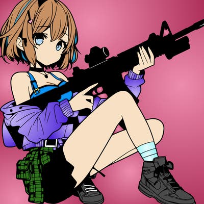 girl holding a rifle in her hand in a cool pose manga