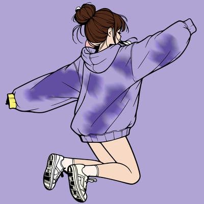 realistic girl jumping with a bun and oversized sweatshirt